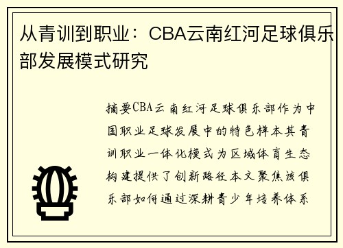 从青训到职业：CBA云南红河足球俱乐部发展模式研究