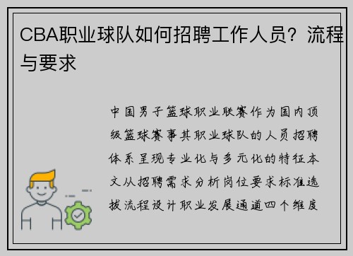 CBA职业球队如何招聘工作人员？流程与要求