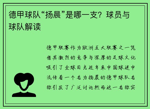 德甲球队“扬晨”是哪一支？球员与球队解读