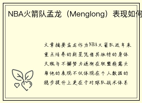 NBA火箭队孟龙（Menglong）表现如何